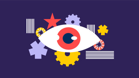 Surreal eye with gears stars and shapes on dark backgroundのイラスト素材