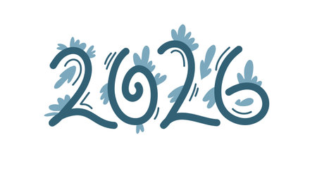 Blue artistic 2026 typography with leafy abstract shapes