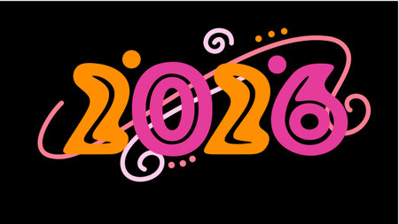 Neon pink and orange 2026 typography with artistic swirls
