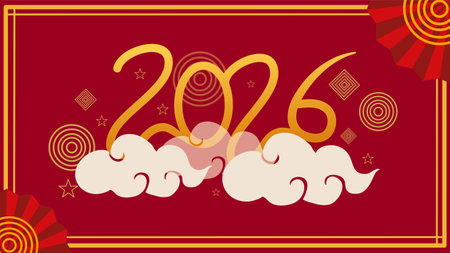 2026 golden typography with clouds and red frame backgroundのイラスト素材