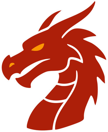 Fierce red dragon head facing left with sharp yellow eyesのイラスト素材