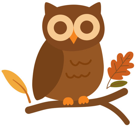 Autumn owl perched on branch with leaf accentのイラスト素材