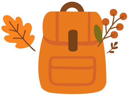 Orange backpack with autumn leaves and acorn detailのイラスト素材