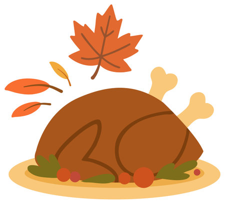 Roasted turkey on plate for thanksgiving dinner celebrationのイラスト素材