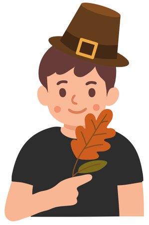 Character holding autumn leaf close to chest smiling softlyのイラスト素材