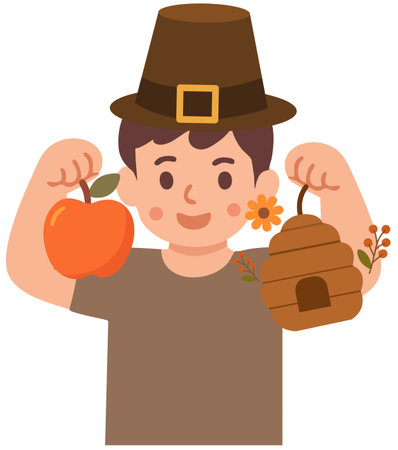 Man holding pumpkin and beehive celebrating autumn harvestのイラスト素材