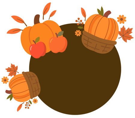 Autumn harvest circle frame with pumpkins apples and leavesのイラスト素材