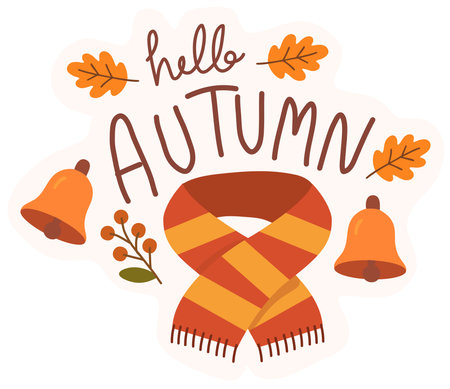 Hello autumn text with scarf leaves and cozy decorのイラスト素材