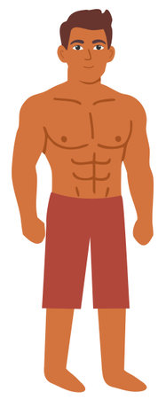 Muscular man standing confidently showing toned abs and chest proudlyのイラスト素材