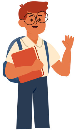 Student boy waving hand and holding red school bookのイラスト素材