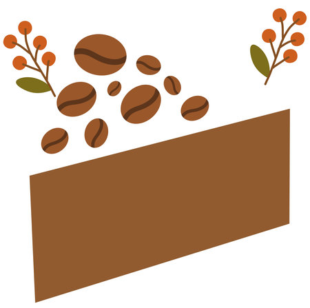 coffee beans falling on rectangular brown bannerのイラスト素材