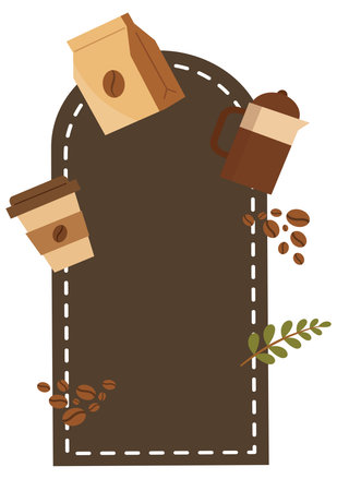 Brown coffee label tag decorated with beans and cupsのイラスト素材