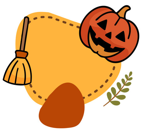 Pumpkin witch hat broom Halloween autumn background designのイラスト素材
