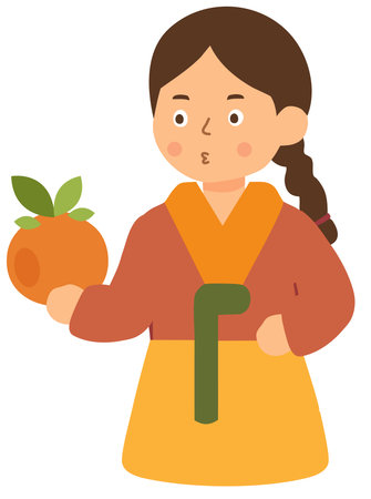 Girl holding orange fruit wearing traditional autumn costumeのイラスト素材