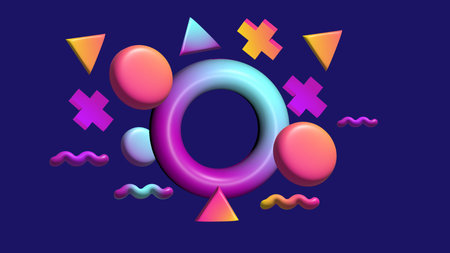 Futuristic dark background with colorful neon geometric abstract formsのイラスト素材