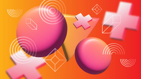 Red and yellow gradient 3D composition with pink spheres