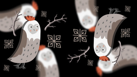 White owls with Christmas patterns on dark festive backgroundの写真素材