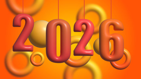 Hanging glossy digits creating warm festive cheerful 2026 new year scene