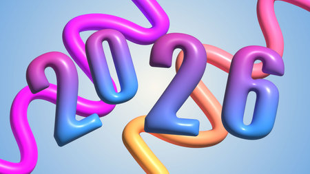 Vibrant twisting tubes wrap around metallic 2026 digits in dynamic layoutの写真素材