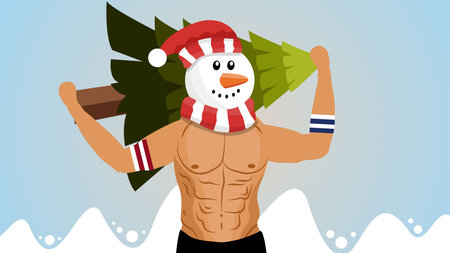 Muscular snowman carrying Christmas tree winter humor festive illustrationのイラスト素材