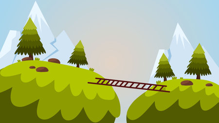 peaceful snowy christmas landscape with mountains trees and wooden bridgeのイラスト素材