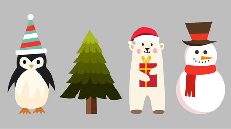 Cute penguin bear and snowman posing with christmas tree backgroundのイラスト素材