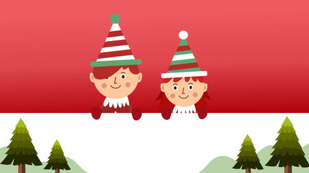 cute christmas kids with pine trees over red background. vector illustrationのイラスト素材