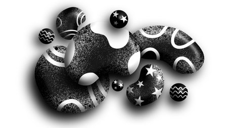 Clustered monochrome spheres and curved accents creating dynamic formの写真素材