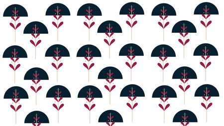 Stylized repeating pattern with small black red umbrella shapes