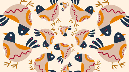 Festive seamless pattern with bright stylized folk poultry art