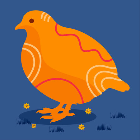 plump game bird with wavy patterns posing in a dark blue gardenのイラスト素材