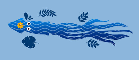 long blue lizard shape decorated with wave lines and various green leaves