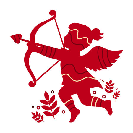 silhouette of cupid aiming bow and arrow surrounded by red fall leaves