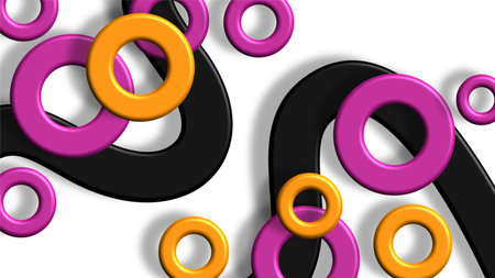 Small pink and orange three dimensional rings floating in creative scattered composition