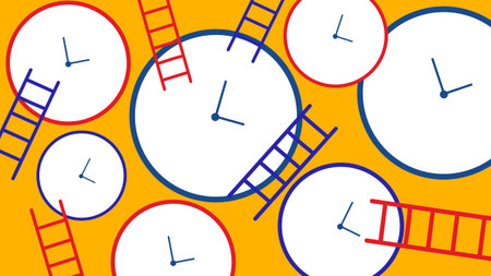 multiple blue clocks and red ladders scattered over a bright orange surface