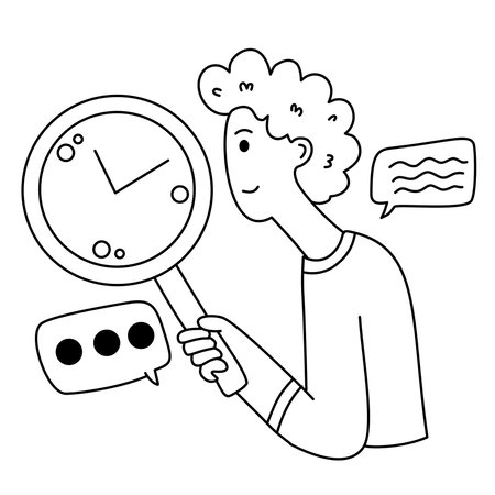 man using magnifying glass to check clock for time management analysisのイラスト素材