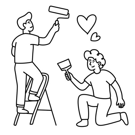 two men painting a wall together with a roller and brush toolsのイラスト素材