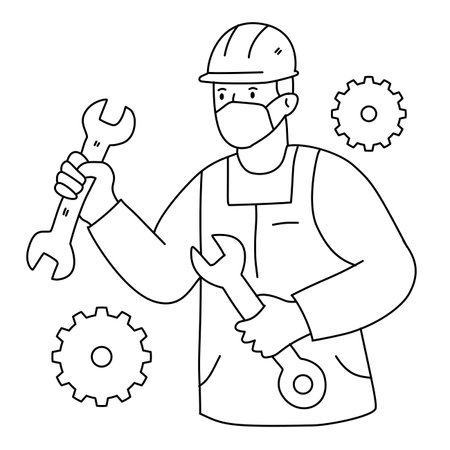 Professional male mechanic holding wrench tools and wearing protective safety face maskのイラスト素材