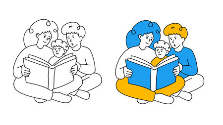 happy parents reading interesting book together with their young son indoorsのイラスト素材