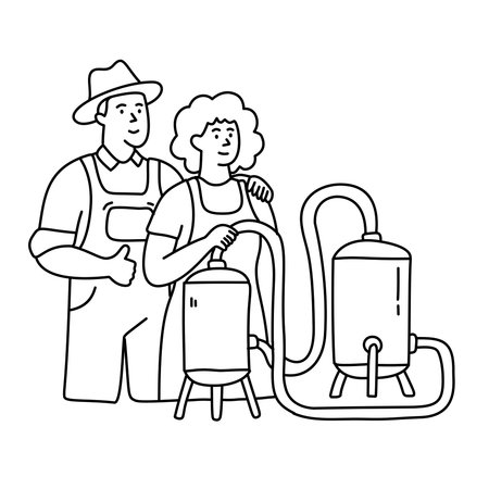 farmers couple standing near modern milk processing machinery in rural farm shedのイラスト素材