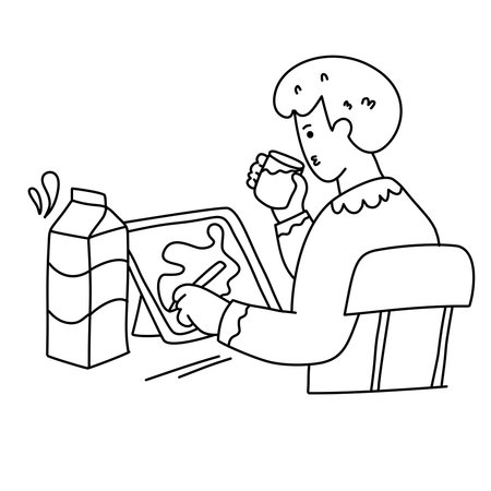 young student drinking milk while drawing on digital tablet at the deskのイラスト素材