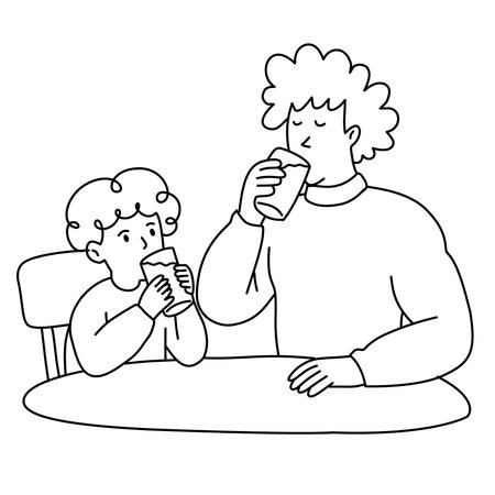 father and son drinking glasses of milk together at dining tableのイラスト素材