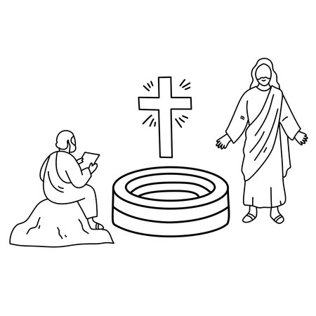 Jesus standing near a person and a round stone well structureのイラスト素材