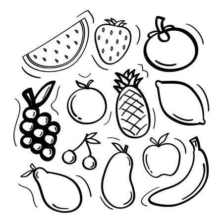 Fruits and berries doodle set. Hand drawn vector illustrationのイラスト素材