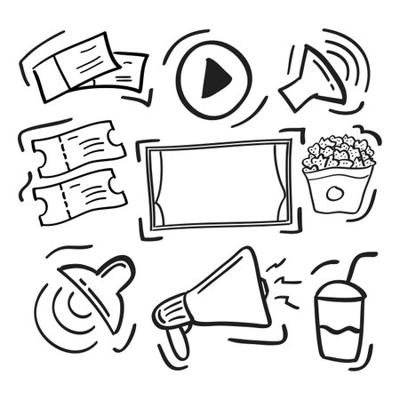Hand drawn doodle cinema icons set. Vector illustration. Isolated on white background.のイラスト素材