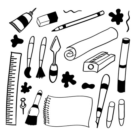 Set of hand drawn school supplies. Black and white vector illustration.のイラスト素材