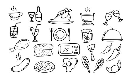 Set of vector doodle hand drawn food and drinks icons.のイラスト素材