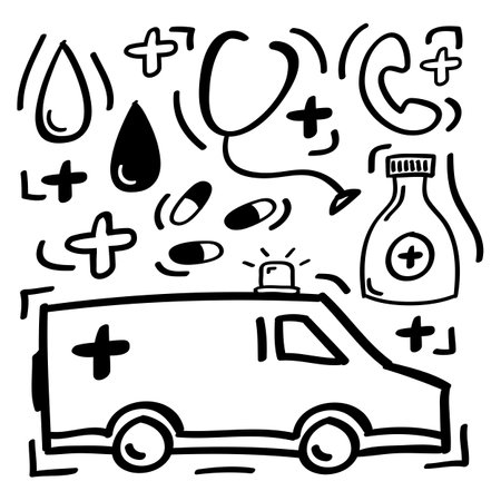 Hand drawn doodle Ambulance set. Vector illustration.のイラスト素材