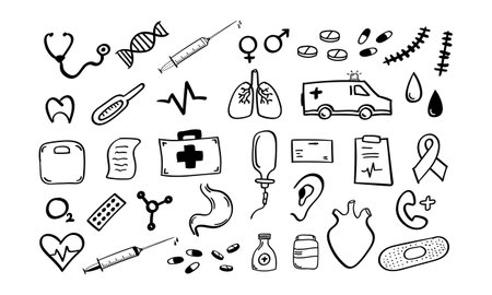 Hand drawn doodle medical icons set. Vector illustration. Isolated on white background.のイラスト素材