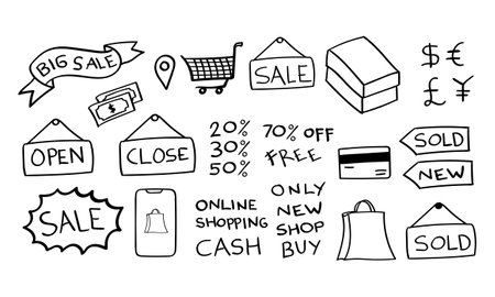 Hand drawn doodle Black Friday sale icons set. Vector illustration.のイラスト素材